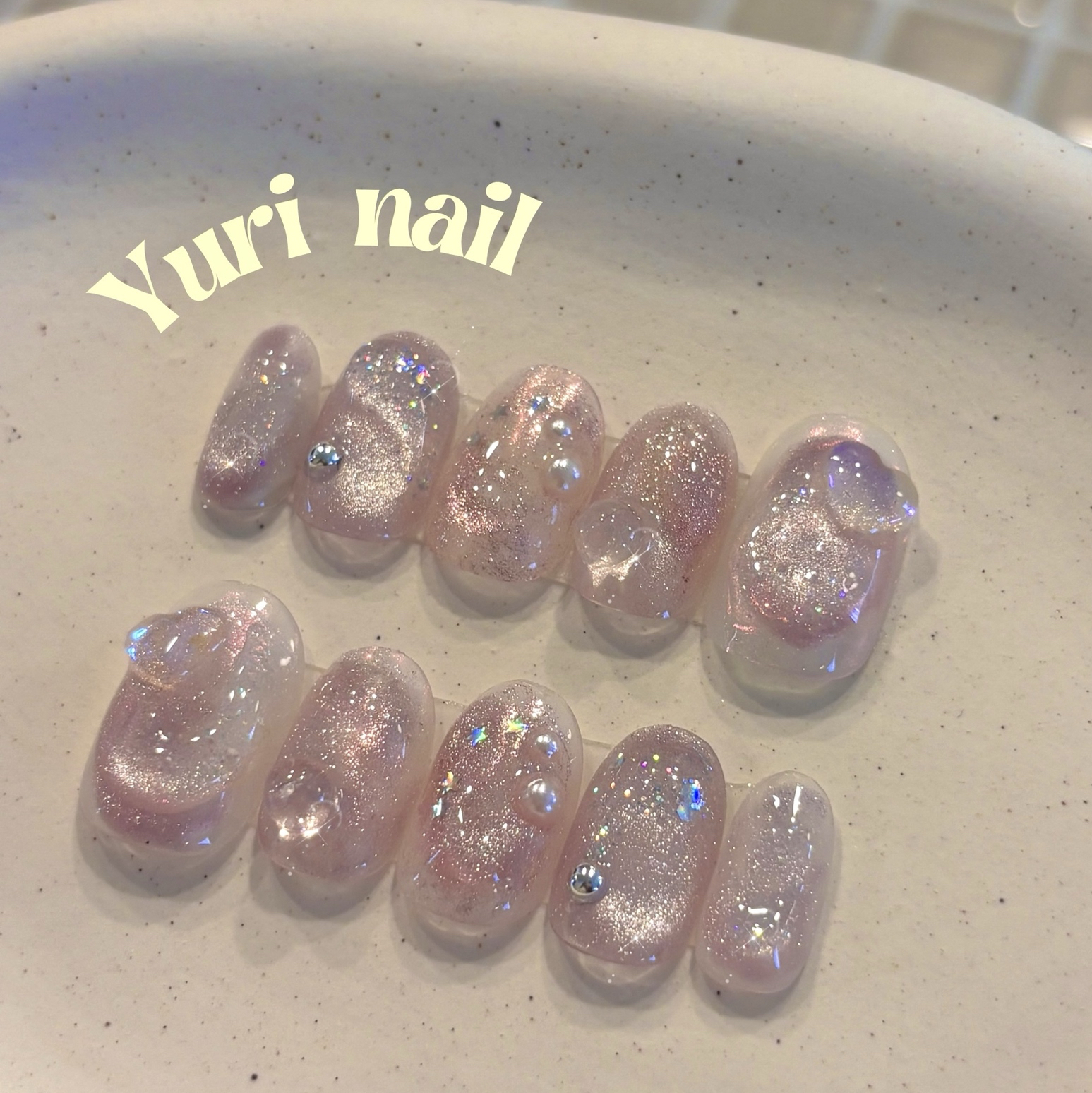 ✦.*Uru Churu Pink Gem Nail Tips ˖ ࣪⊹ Glossy Smooth Aurora Multicolor Glitter Korean Wan Hong Translucent Nuance Elegant Suitable for Bridal and Wedding◎