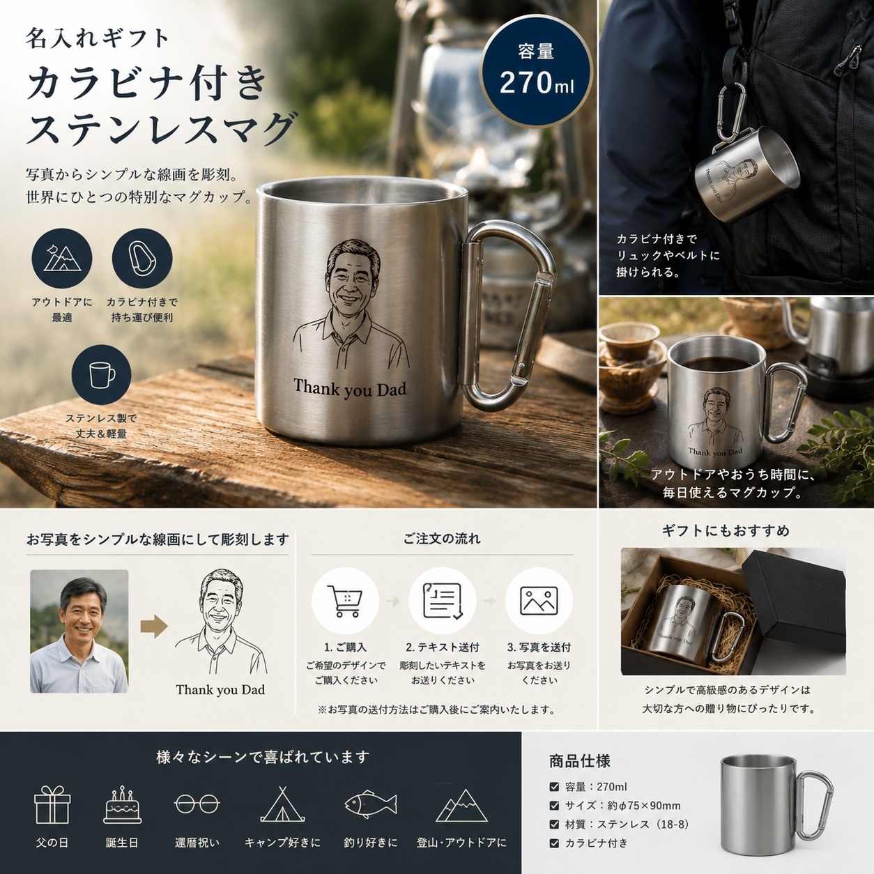 【定制礼品】父亲节|从照片制作|带登山扣的不锈钢杯|户外·露营