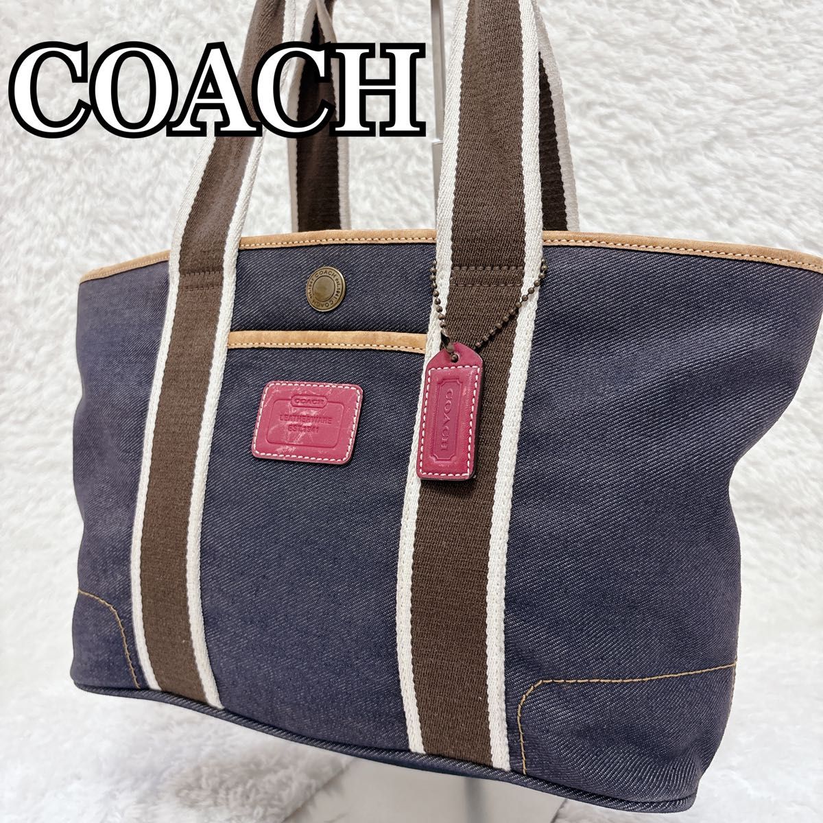 COACH Coach Tote Bag Denim Canvas Striped Pink
