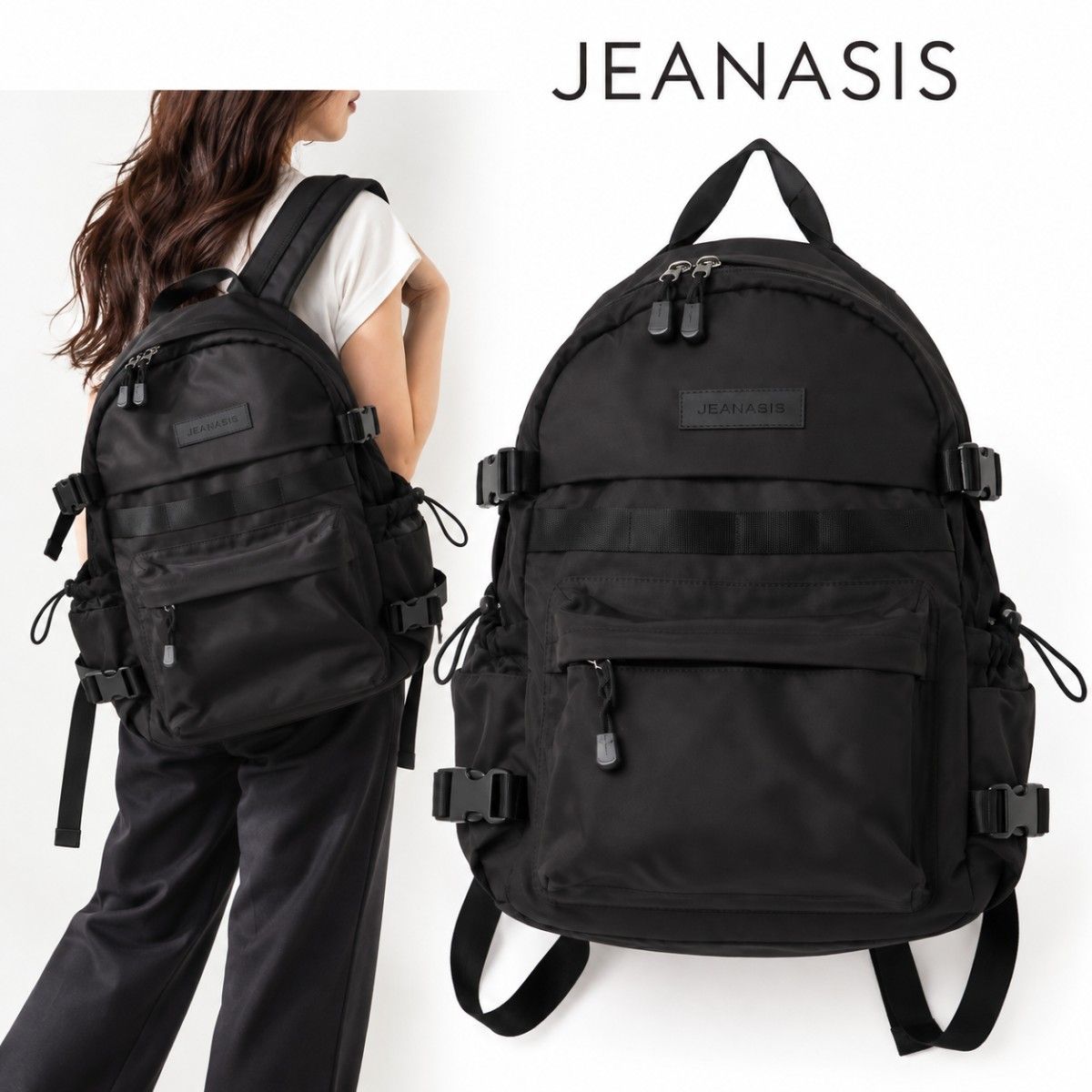 JEANASIS 吉娜西斯 橡胶 Logo 背包 双肩包 黑色 品相极佳 上班 上学 旅行 黑色 尼龙
