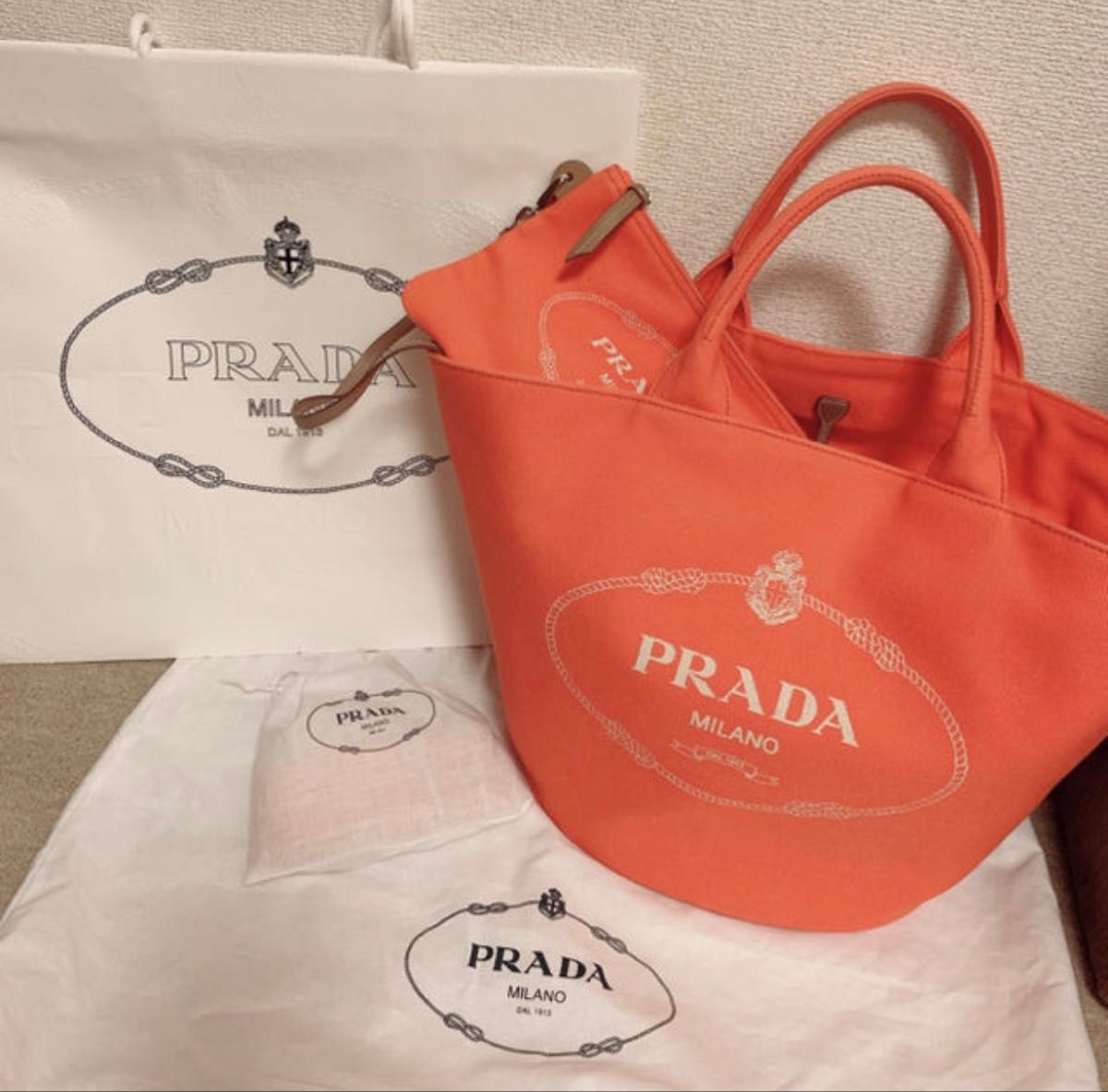 PRADA Bucket‑Shaped Canapa Shoulder Tote Bag, Canvas, Orange, Prada Handbag with Shoulder Strap