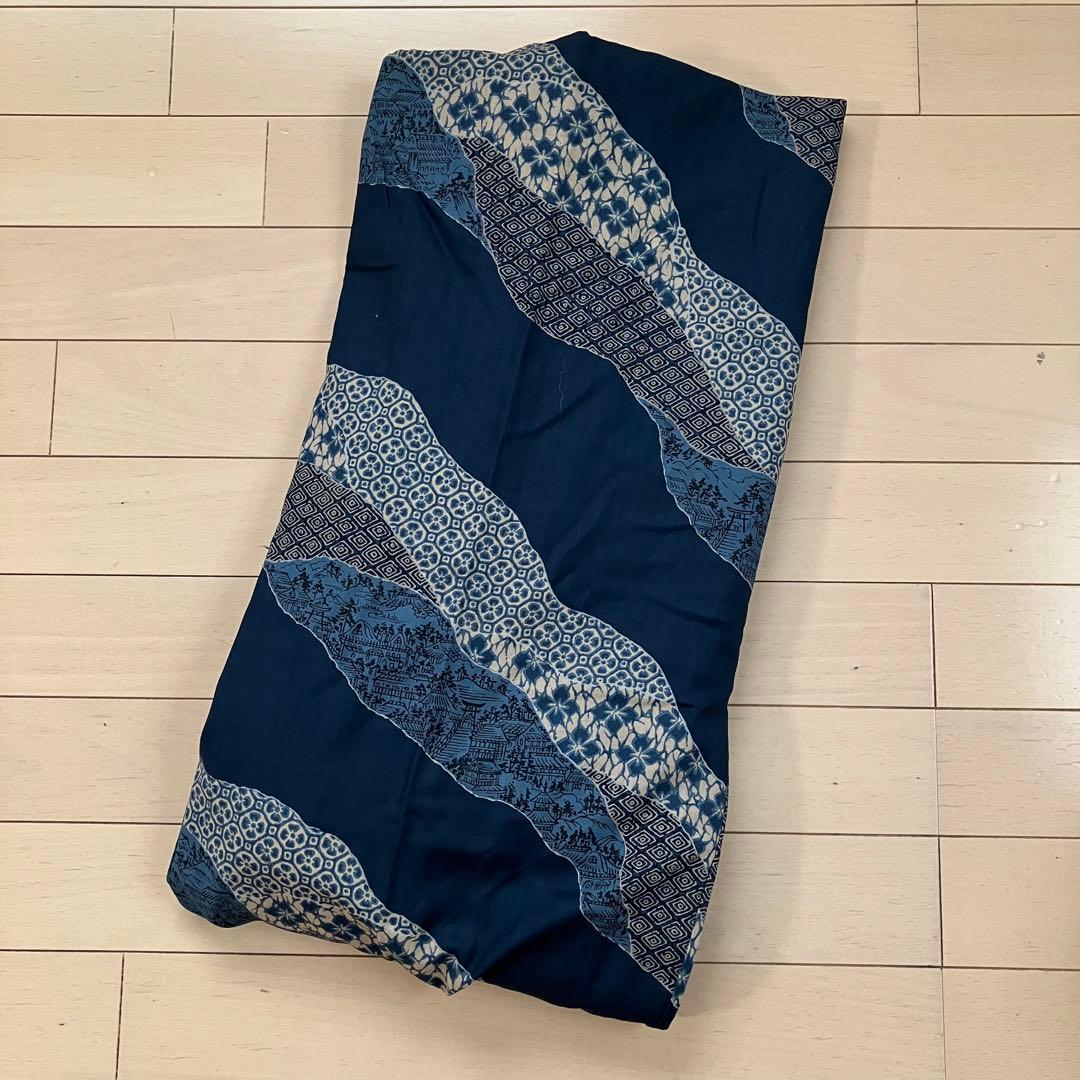 6.8 Men's Undergarment Robe Indigo Dyed Tsujima Landscape Pattern Remake Material for Practice Body Length 140 Sleeve Length 66.5