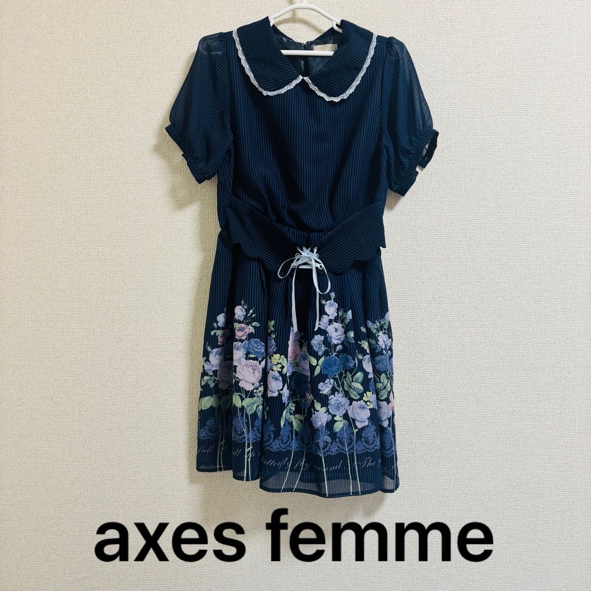 axes femme 阿克西斯法姆 条纹 花纹 立领 连衣裙 海军蓝