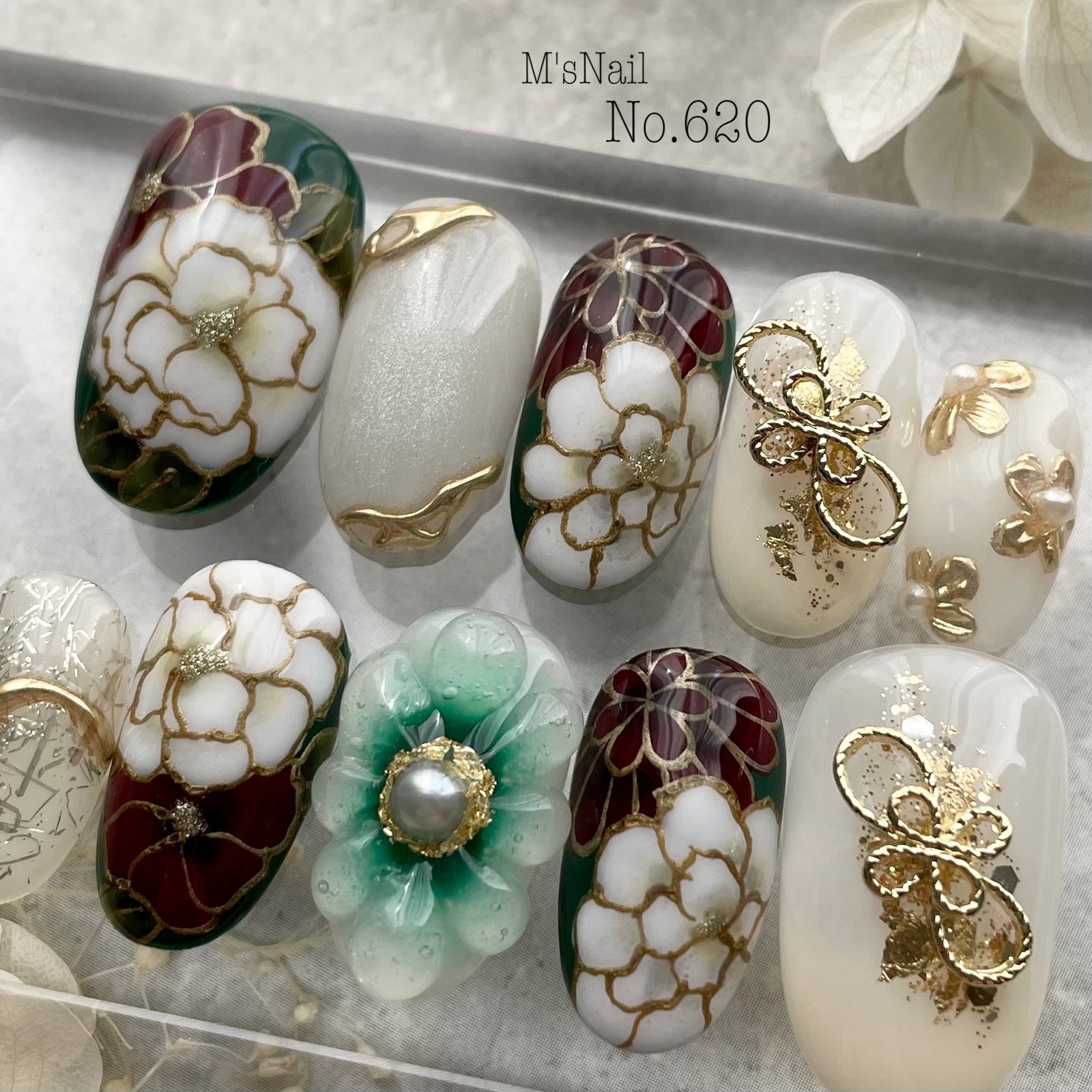 Coming-of-Age Ceremony Nail Art × Pre-Wedding Nail Art/Coming-of-Age Ceremony, Japanese Patterns, Traditional Attire, Furisode Kimono, Green