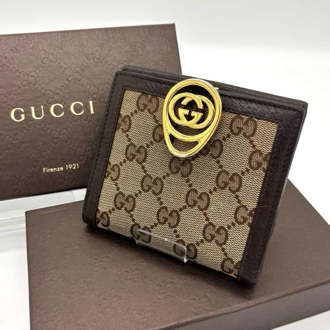 GUCCI 古驰【已鉴定】二折钱包|互锁标志|GG帆布|皮革|金色夹扣|双开合扣