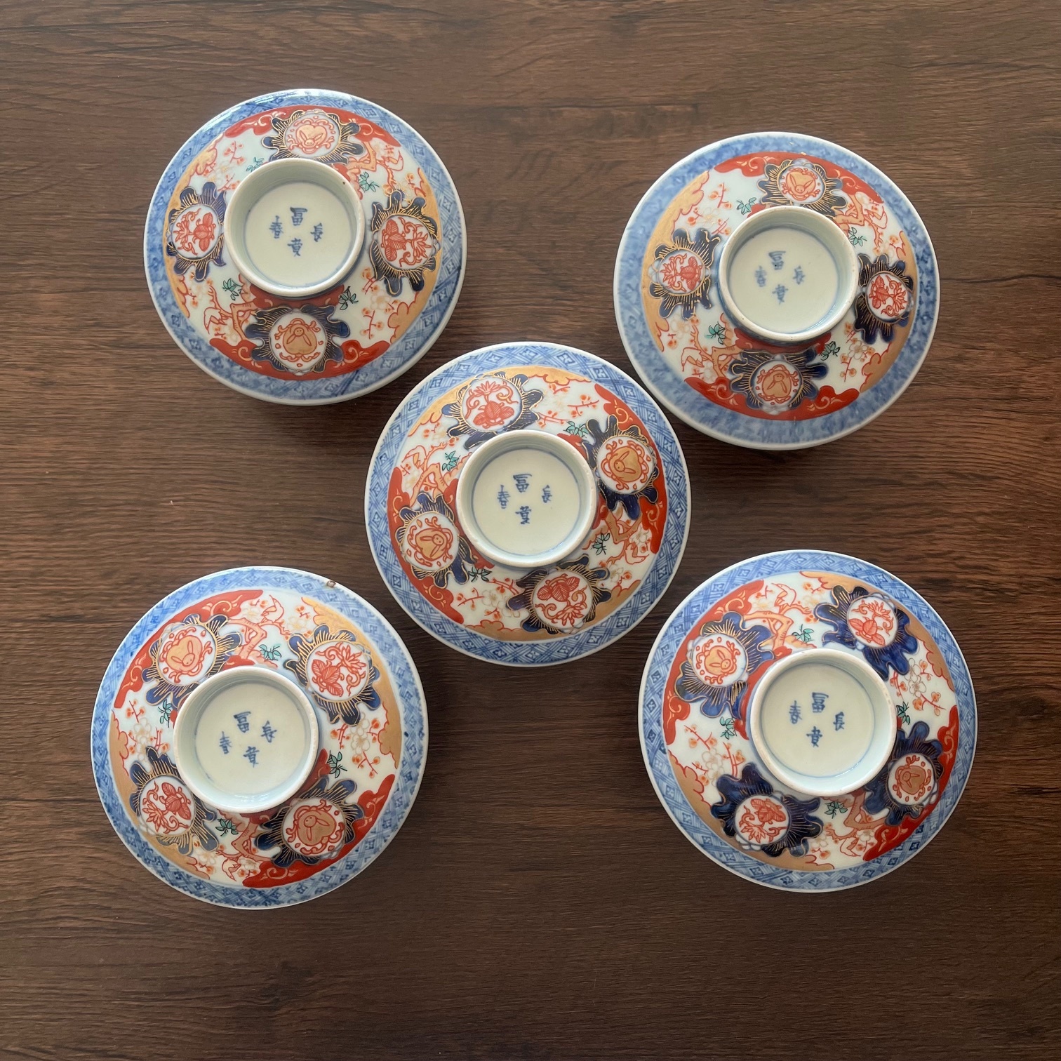 【正品保证】伊万里彩绘兔纹盖碗 5件套装/江户幕末时期/带共箱/双圈底足