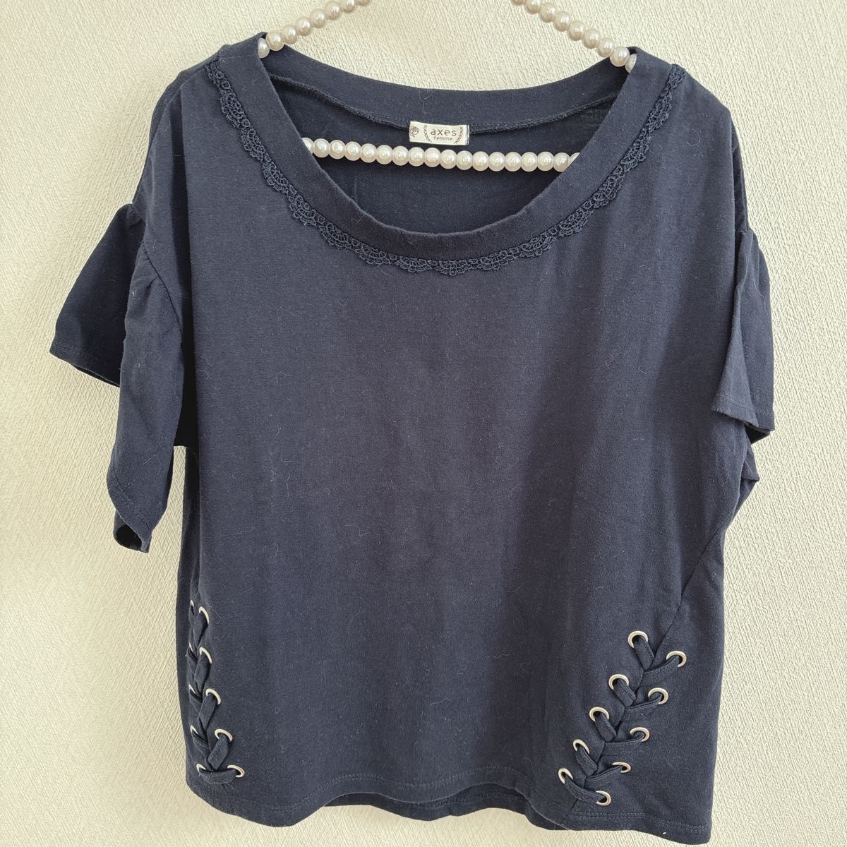 axes femme アクシーズファム レースアップ 半袖カットソー ネイビー
