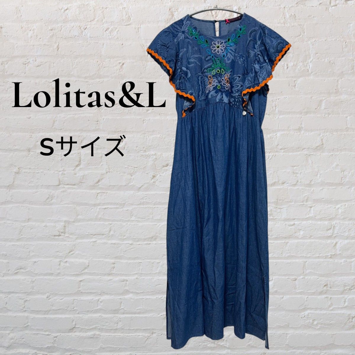Lolitas&L デニムワンピース S 刺繍 フリル袖 ロング丈 レディース サイドスリット カジュアル 古着