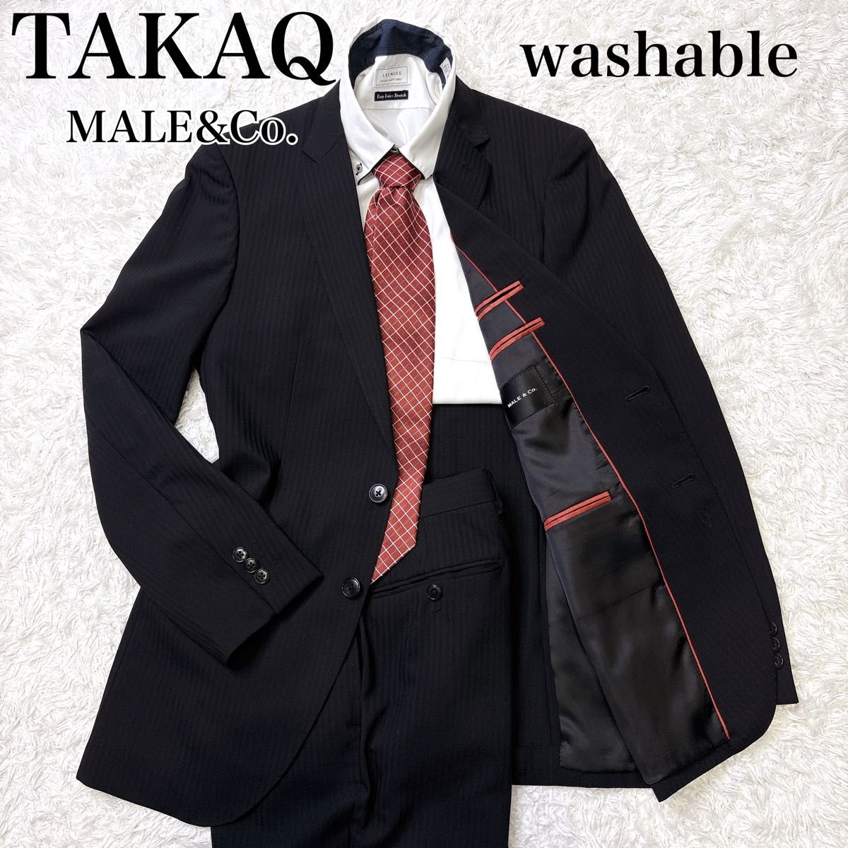 洗える TAKAQ MALE&Co. タカキュー メンズスーツ セットアップ 上下 黒 ブラック ストライプ Y7 180cm前後