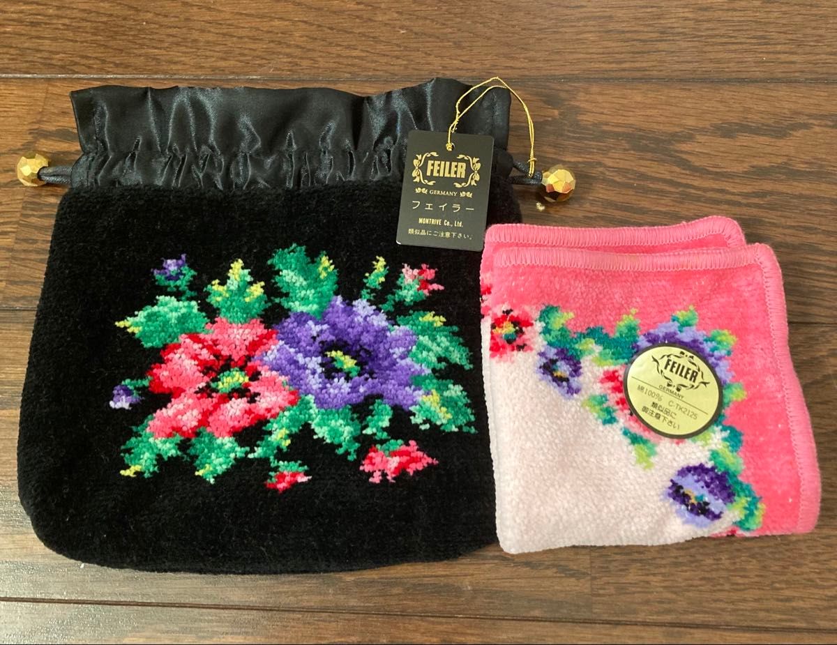 【New】FEILER Floral Drawstring Pouch & Handkerchief Set, Black & Pink
