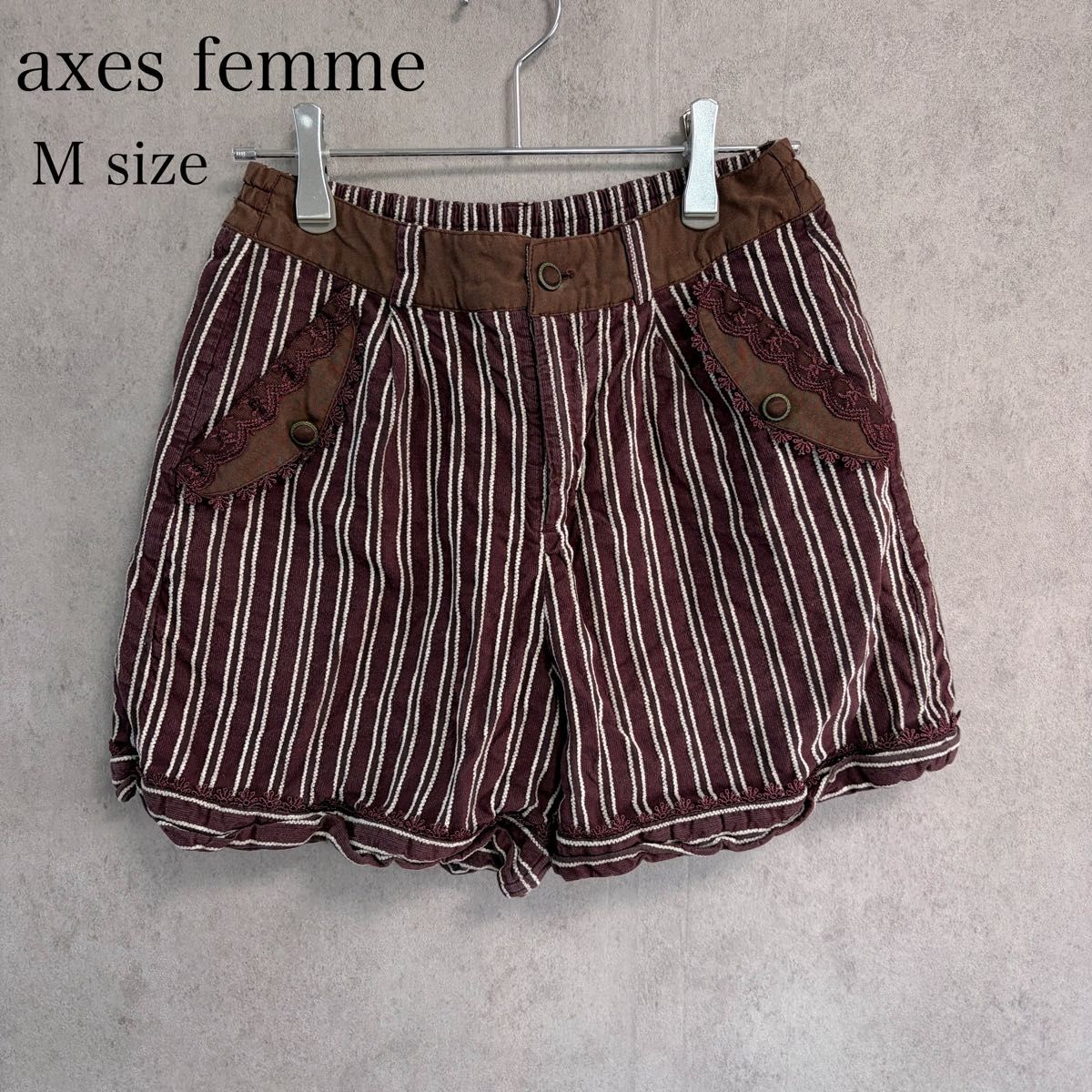 Axes femme短裤M条纹蕾丝棕色女孩