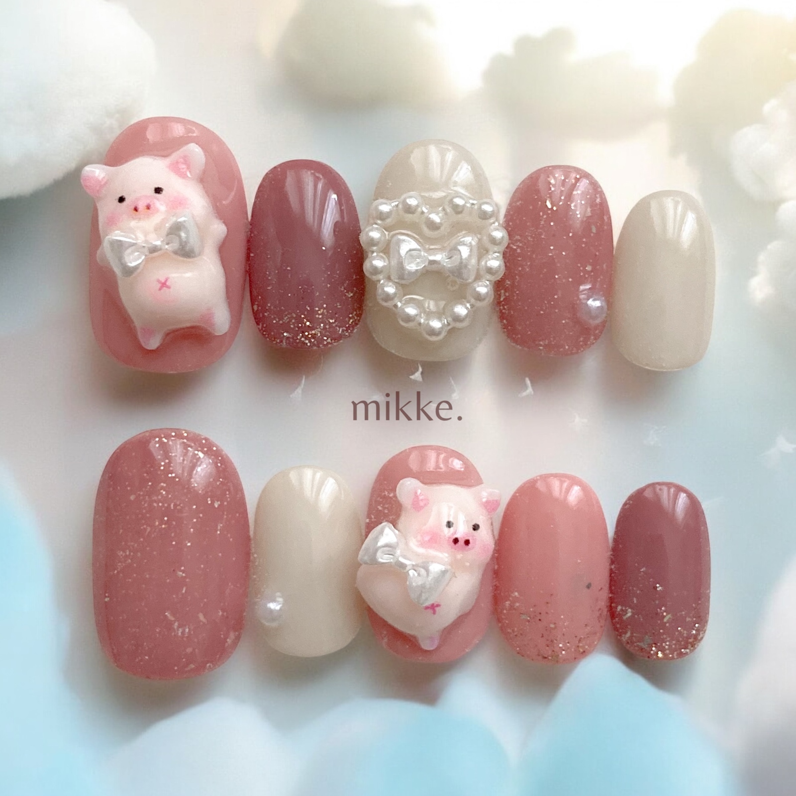 【 Free Color Change 】Nail Tips [ mikke. ] / Pig Ribbon Heart 3D Unique