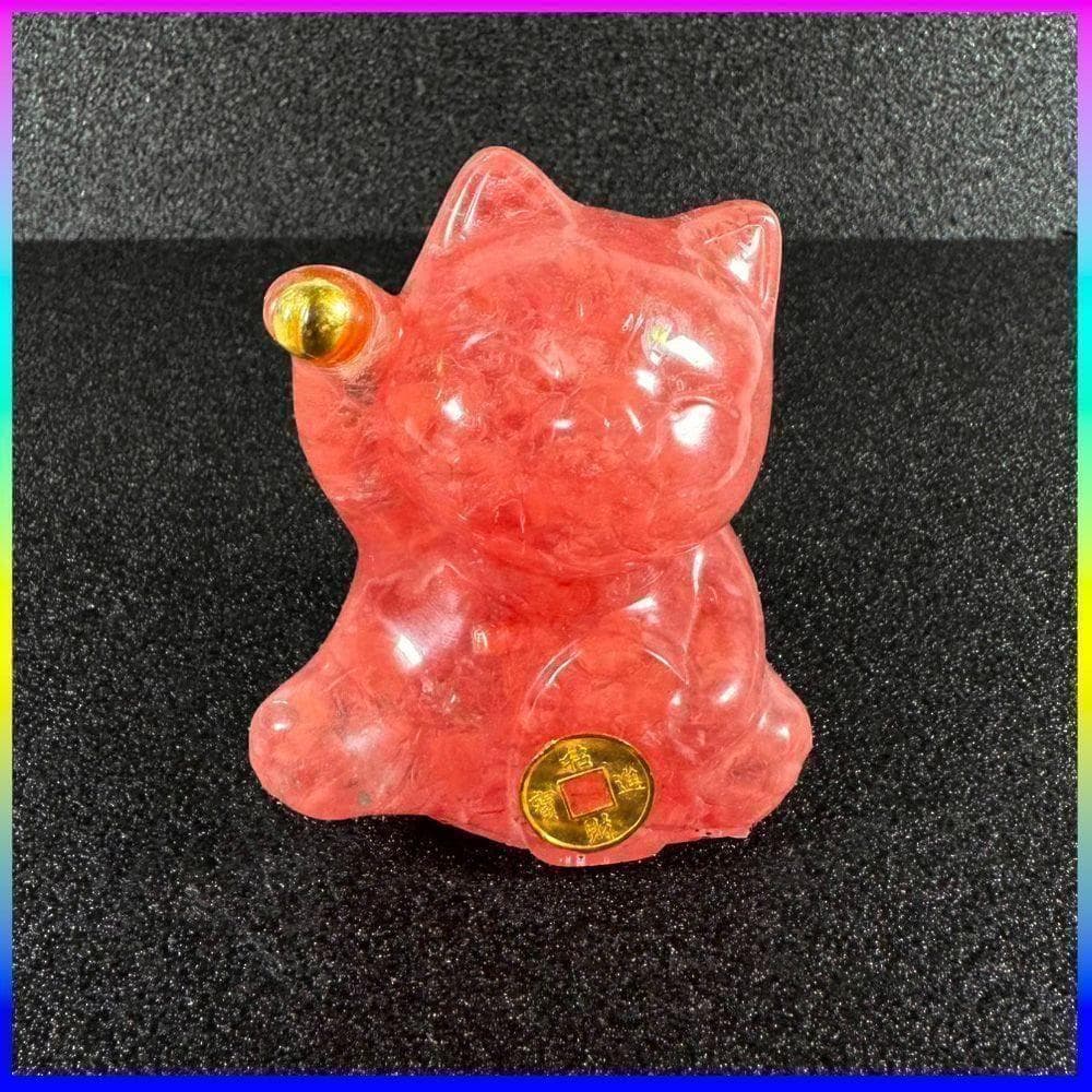 Orgone Lucky Cat Ornament Pink Watermelon Quartz Natural Stone Good Luck Wealth Feng Shui Interior