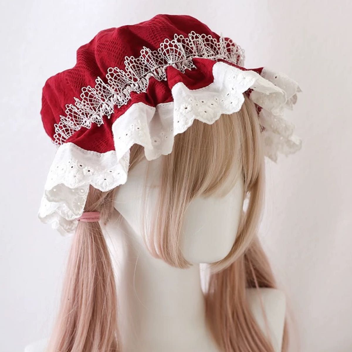 ロリータ メイド キャップ 赤 帽子 ボンネット クラロリ レッド ボルドー