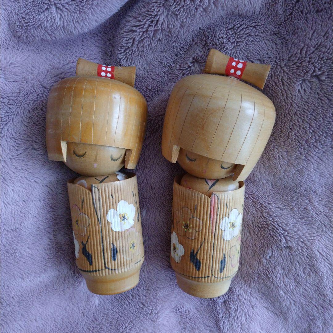 Kokeshi Doll Set of Two: Twin Girls in Kimonos with Plum Blossom Patterns