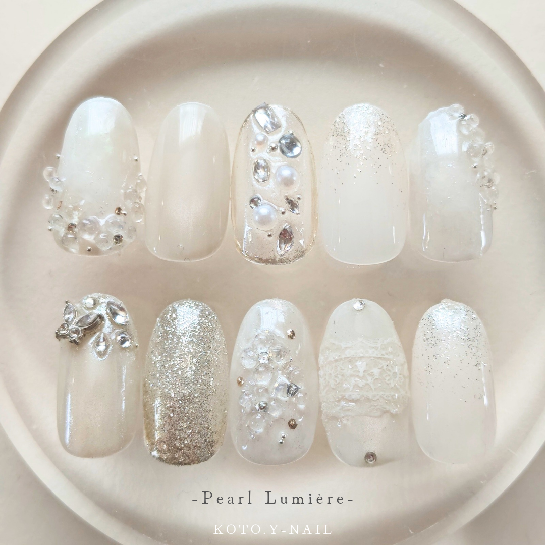 Pearl Lumière Nail Tips Nuance Nails Plump Autumn Mature Pearl Bridal Wedding Pre-shoot Bride Nail White Lace Nail Simple Feminine 3D