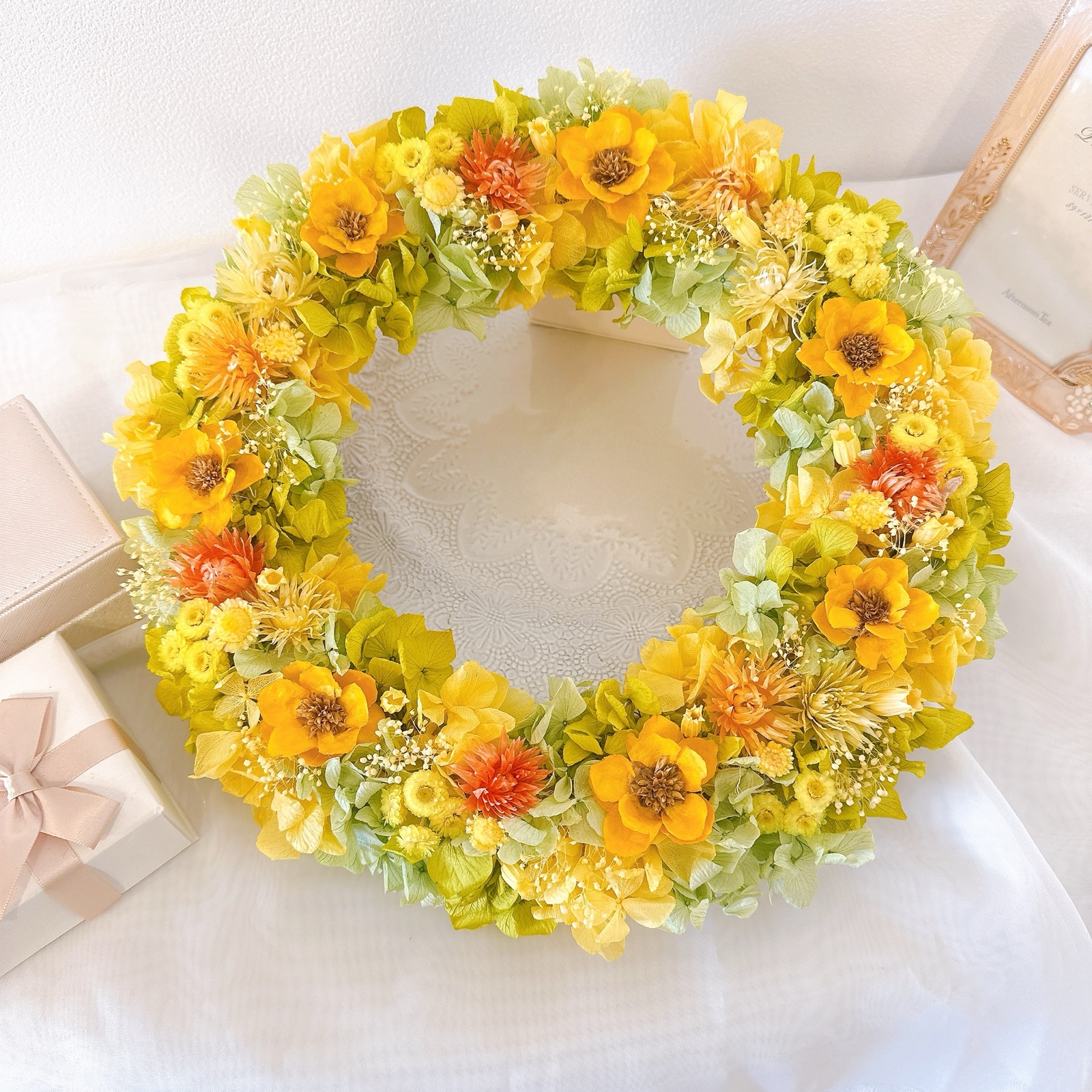 【订购作品】海葵花环大黄色橙色绣球花圆润可爱的花环♡生日母亲节长寿礼品结婚新筑祝贺慰问