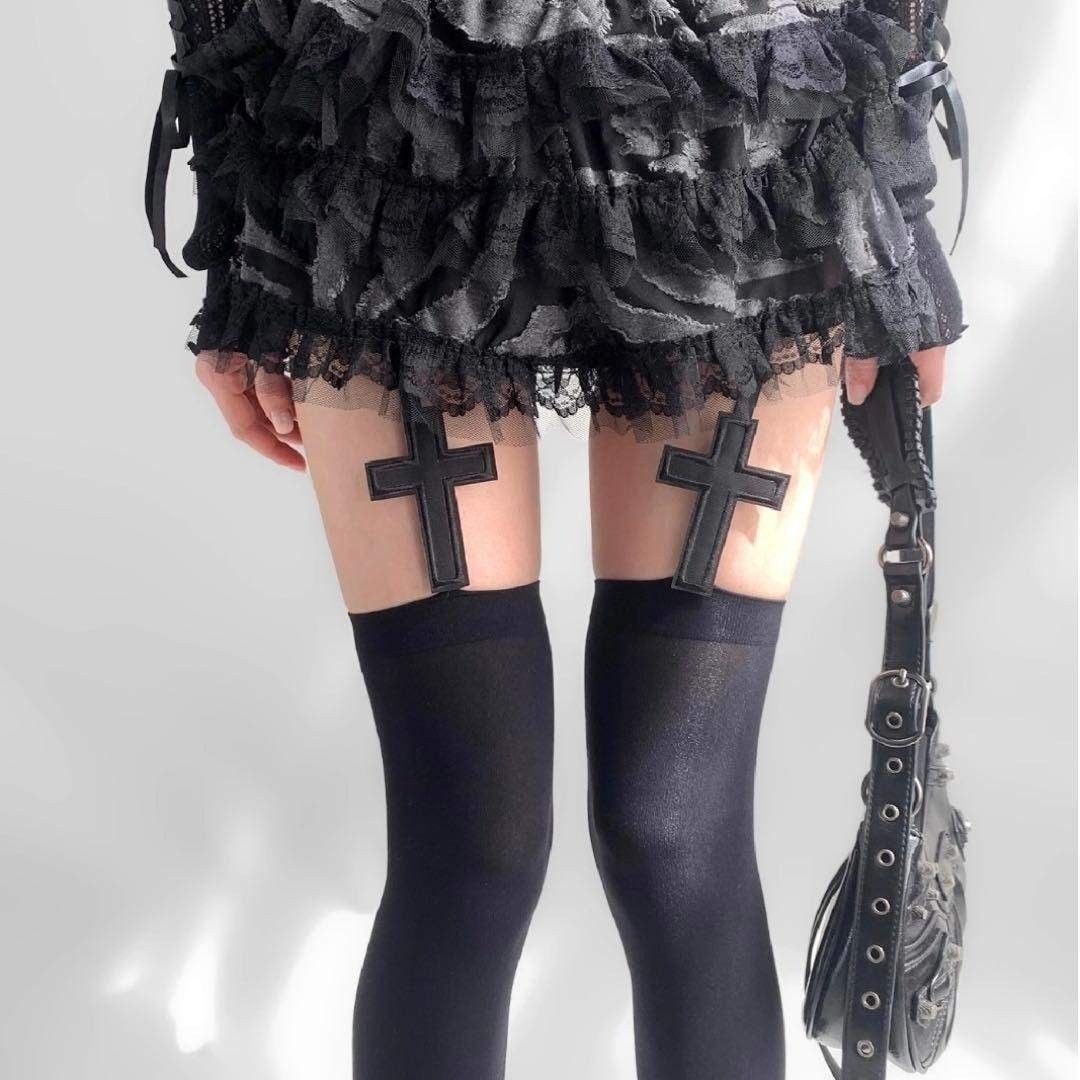 十字架 吊袜带风格 交叉 连裤袜 黑色 哥特萝莉 地雷系 亚文化 Cosplay 黑 洛丽塔 病娇 暗黑 女士 Cosplay