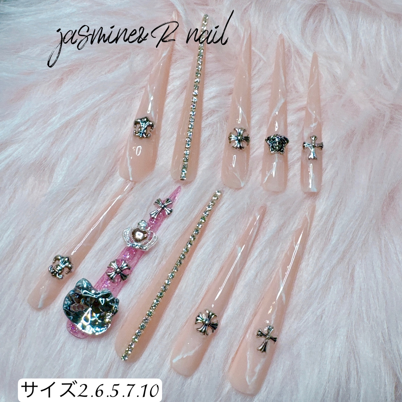 Super Demon Long 5XL Gal Salmon Pink Marble Chrome Hearts Nail Tip
