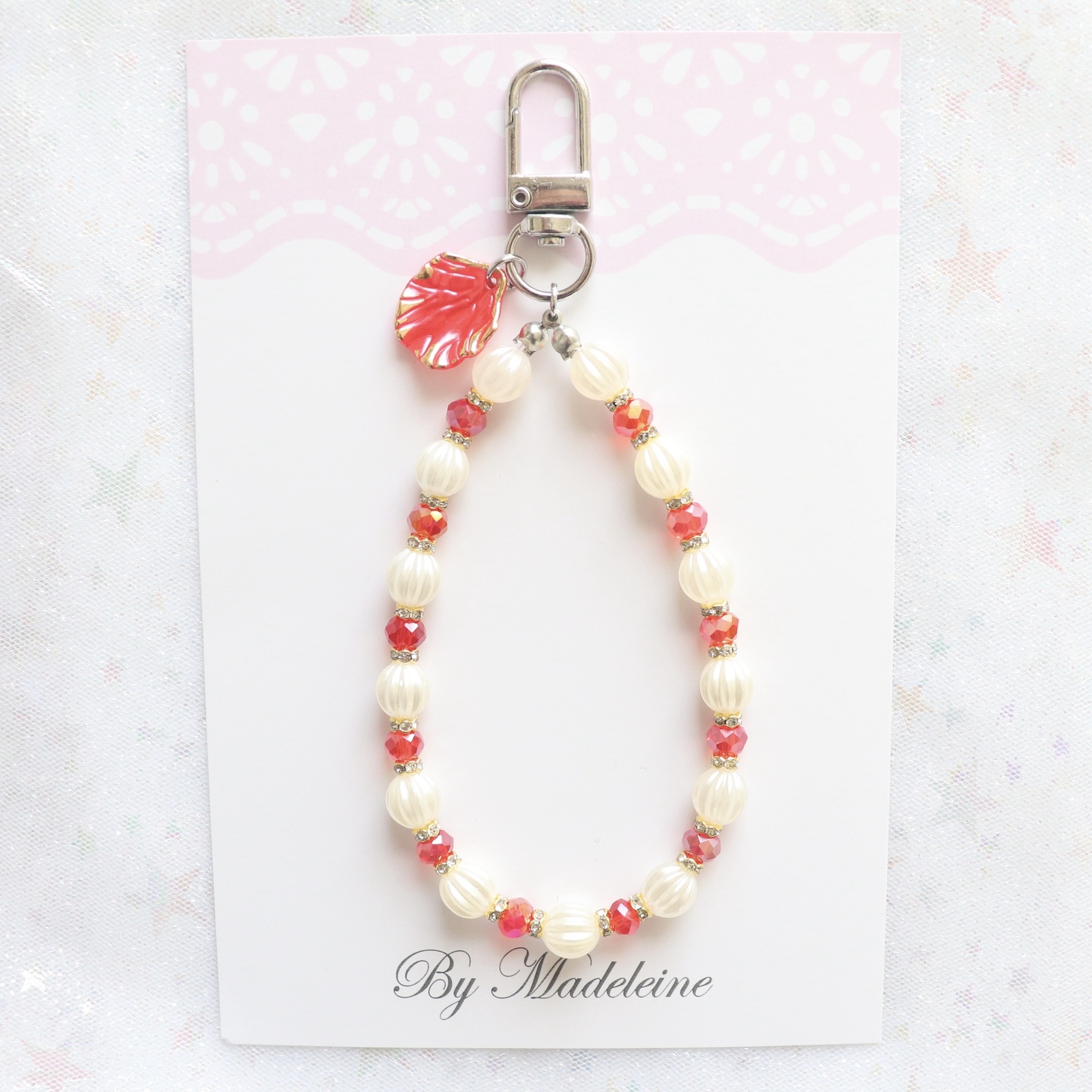 【红色】花瓣魅力和玻璃珠的吊带/钥匙圈高品质玻璃珠使用