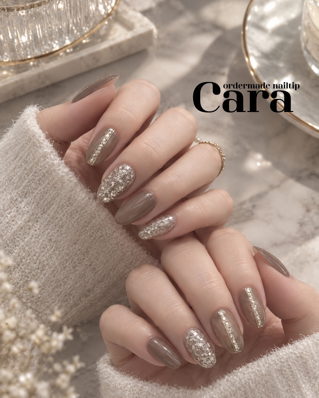 《1 Free Sizing Tip》Cocoa brown Brown Autumn Winter Nail Tips Grown-up Cute Mode-style Glitter Sparkly Hologram Mirror Nails