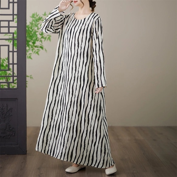 条纹长袖连衣裙，早秋宽松大码女装显瘦休闲圆领棉麻长袍