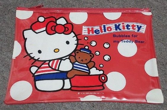 Kitty, flat pouch, case, red, teddy bear, bear, Showa-era retro, retro, 1989, vintage item, rare, extremely rare, Sanrio