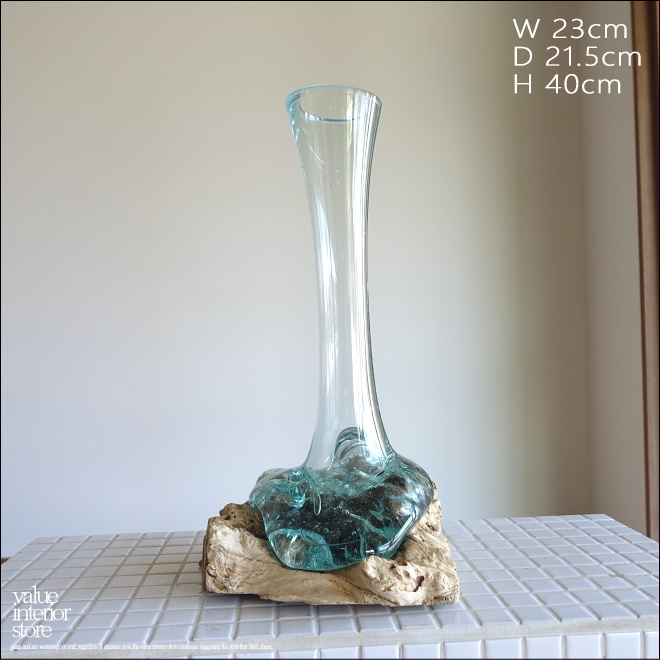 玻璃花瓶 Tall40cm 花瓶 原始风格玻璃底座 手工制作 单枝插花 独一无二 手工艺品 实木 自然风格