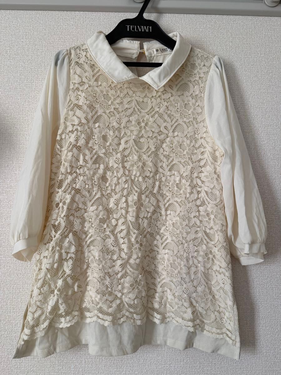 axes femme レディース レース切り替えブラウス 丸襟 七分袖 アイボリー