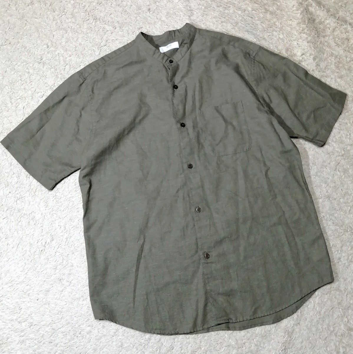 ★优衣库 UNIQLO★工装衬衫 翻领 L号 橄榄绿 短袖 亚麻混纺 麻混