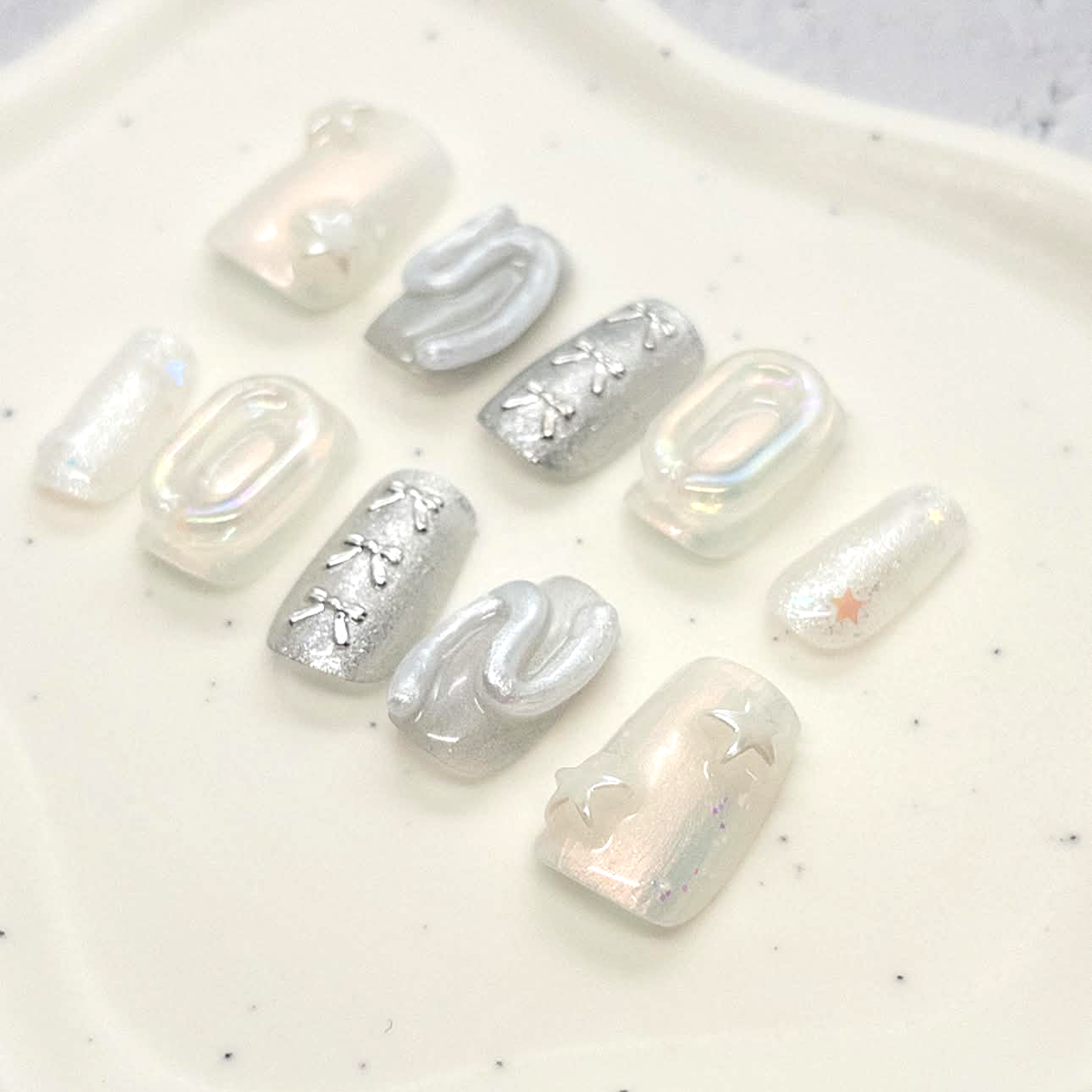 〔 size order] Silver Wish | Mirror Nail / Polarized Nail / Star Nail / Silver Nail / White Nail / Winter Nail / Bridal / Nail Tips