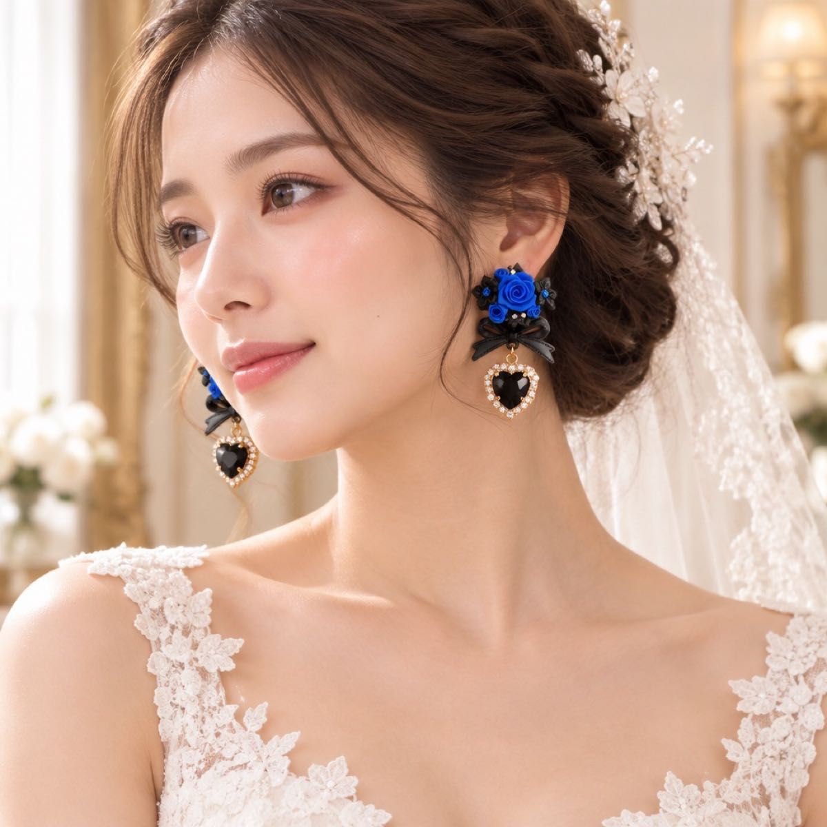 青い薔薇と黒リボン ハートビジュー ピアス ゴシック ロリータ