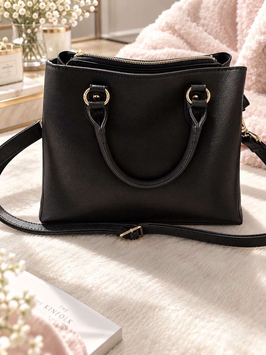 2-WAY Handbag Shoulder Bag Black Simple Square
