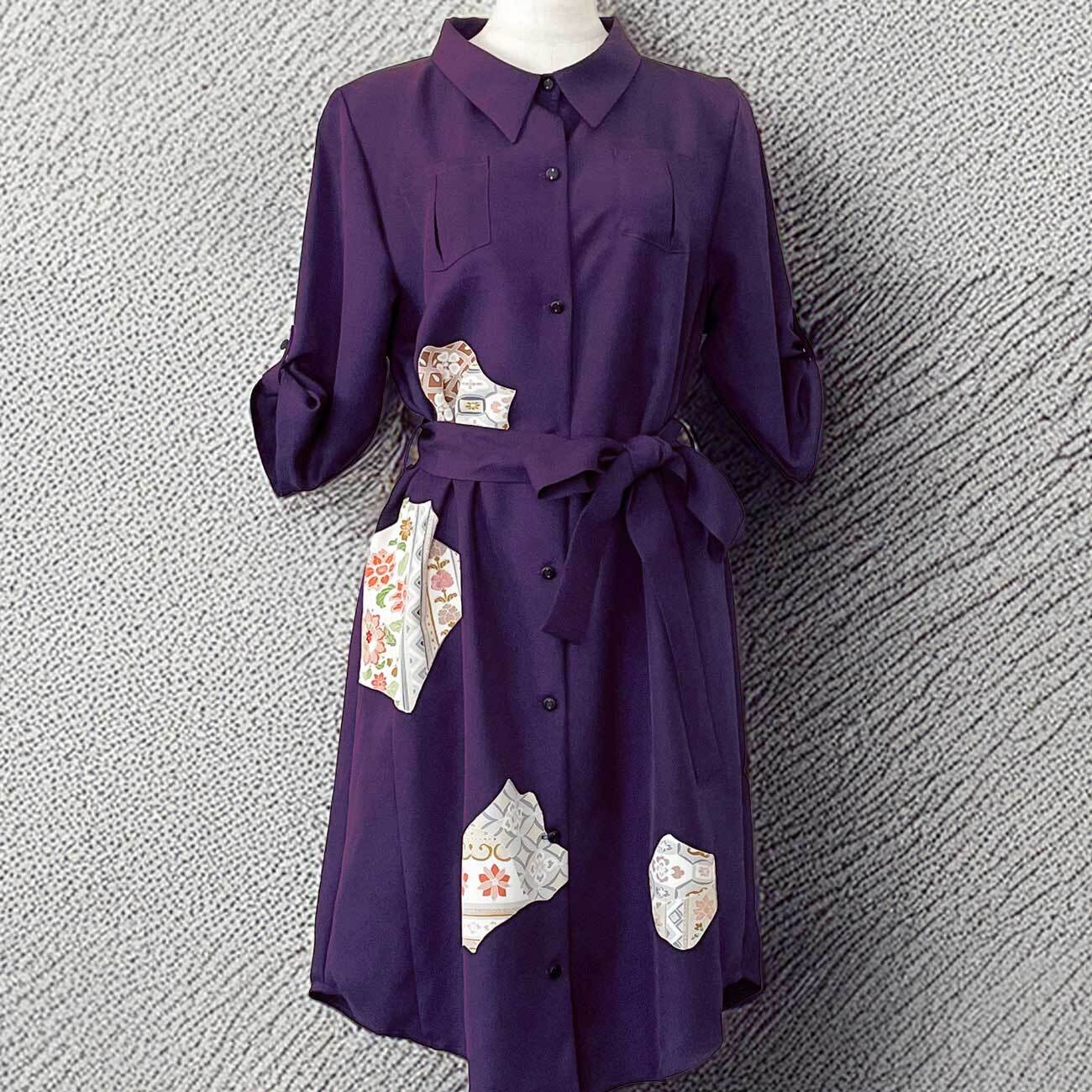衬衫连衣裙/长款开衫 宽松S码【和服改造】短袖 * 紫色 * 古典花卉图案 * 刺绣 / 真丝单品