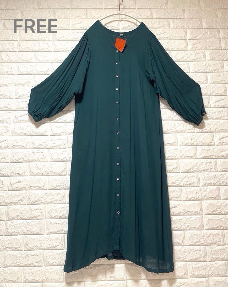 【新品】亚洲印度风长袖粘胶绉纱长款连衣裙 前襟纽扣 贝壳扣 纯棉内衬 纯色 褶皱