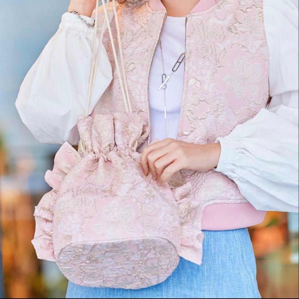 Like New ★ Chesty Spring Jacquard Drawstring Pink Ruffle Tote Bag Large Capacity Ruffle Pouch
