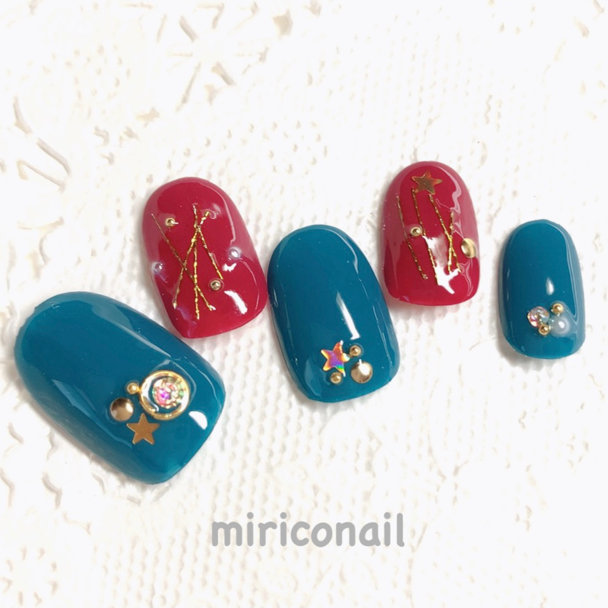Nail tip Simple wine red & blue green autumn/winter nail coming-of-age bridal size and chip type wedding gel nail