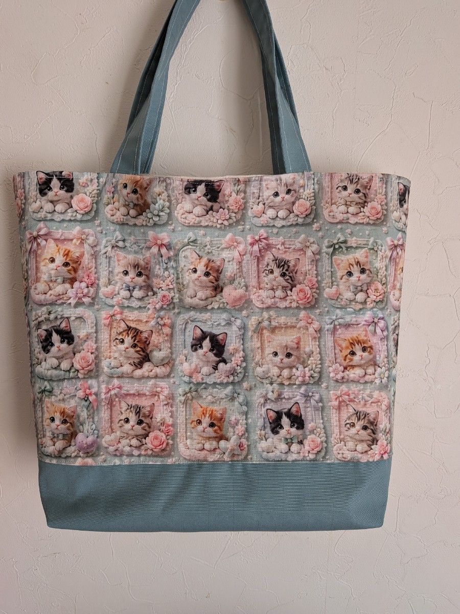 Handmade Tote Bag, Cat Pattern Panel Fabric, Blue Series