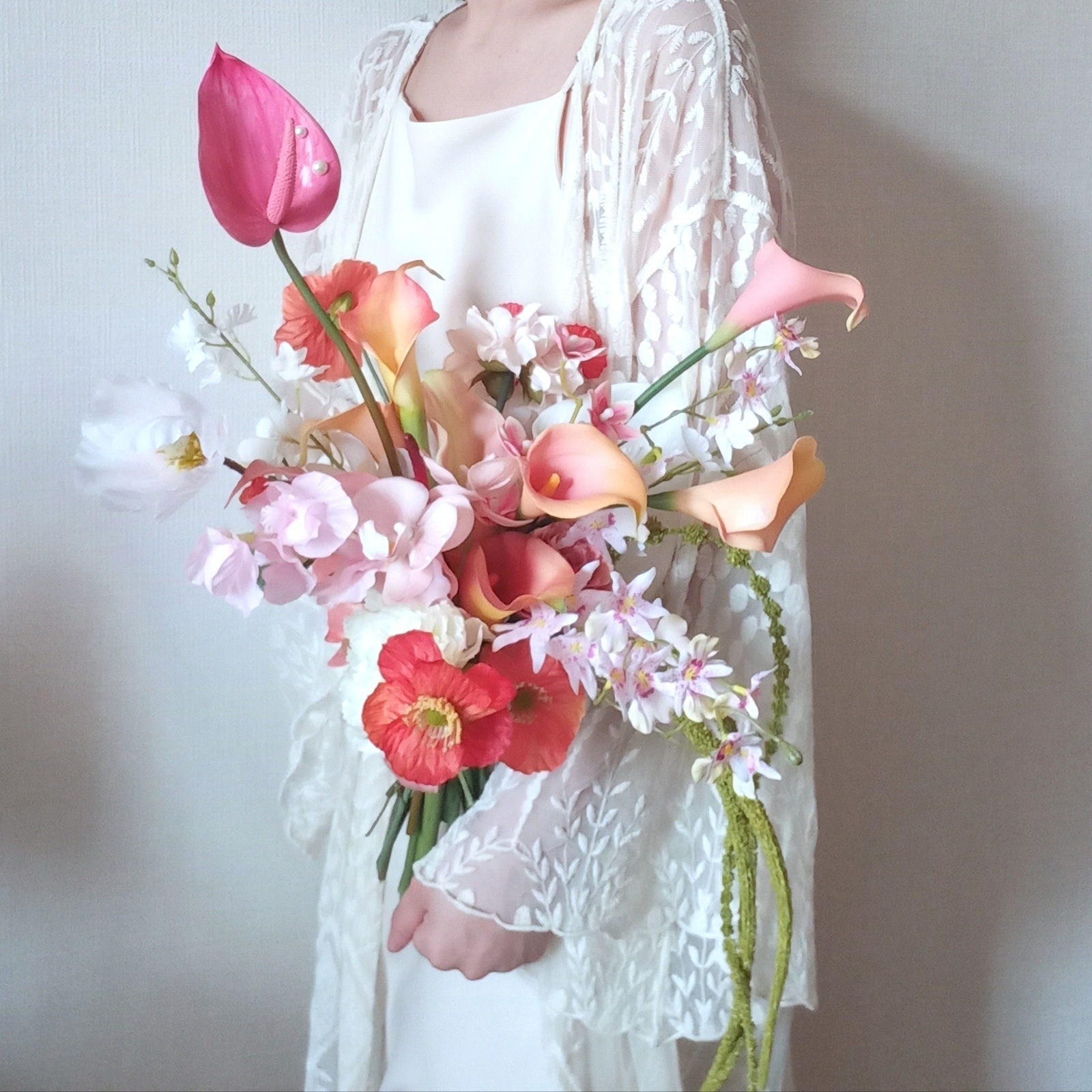 再贩×4【带珍珠】红掌 尾穗苋 彩色 婚礼捧花 人造花 仿真花 仿真花束 橙色 粉色 永不凋谢的花束