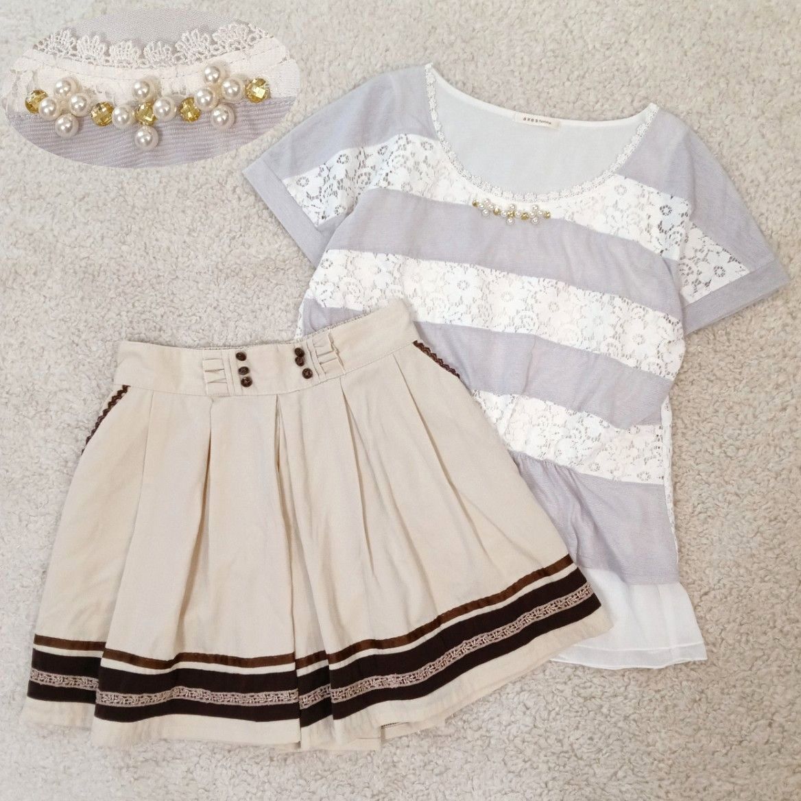 axes femme アクシーズファム レースビジュートップス バイカラーキュロット セット 平成レトロ 姫カジ 森ガール