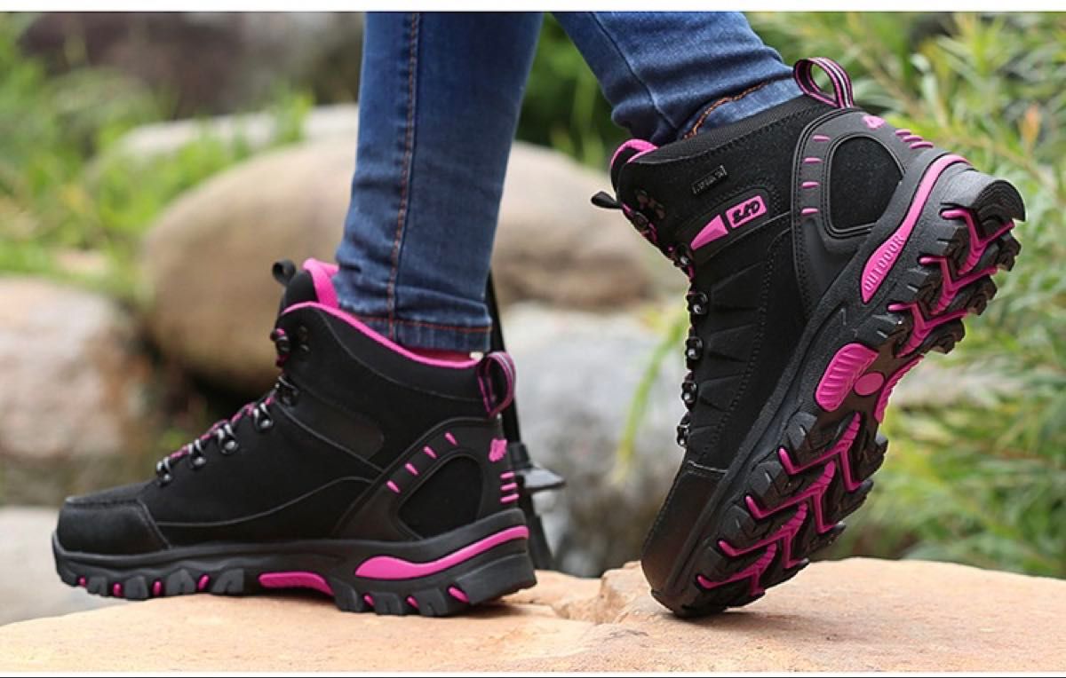 Women's trekking shoes, mountaineering boots, hiking shoes, black × pink, 23.5 cm