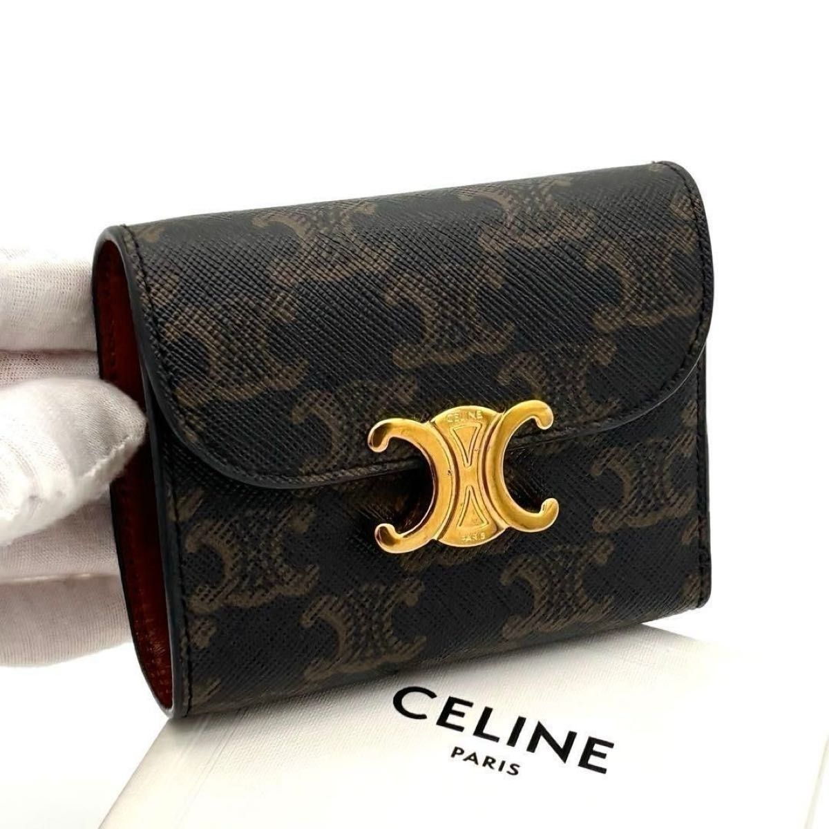 ☆極美品☆Celine セリーヌ 三つ折り財布 トリオンフ 総柄 スモールフラップウォレット ブラック 黒 ブラウン 茶 PVC