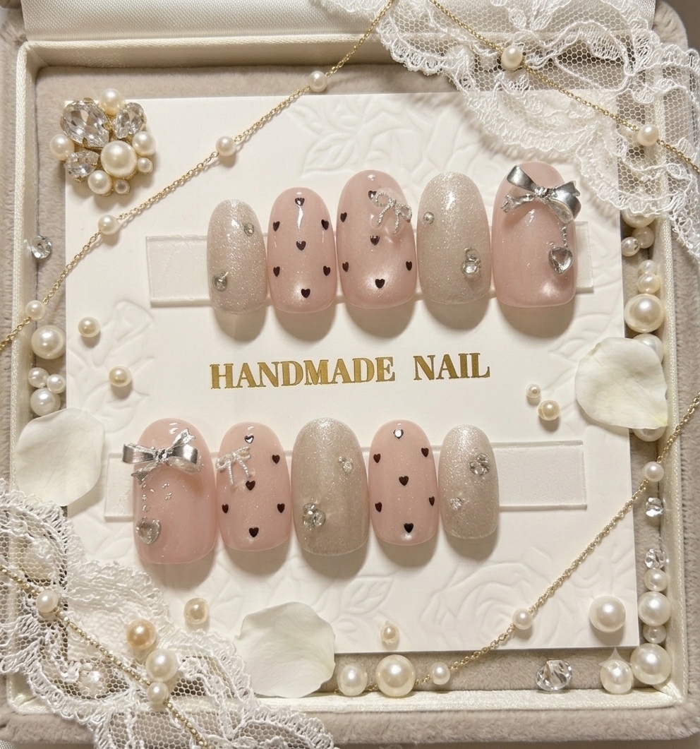[New] Short oval dot ribbon pink magnet nail tip