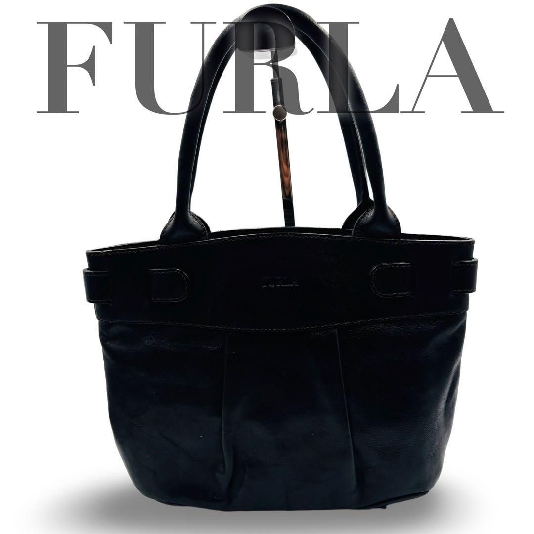 FURLA Tote Bag Handbag Genuine Leather Black Tortoiseshell-Style Hardware Women's Commute School Shoulder Carry Everyday Use Black