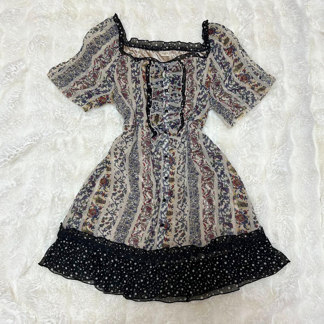 axes femme（アクシーズファム）女装连衣裙 花卉图案 条纹 荷叶边 公主风