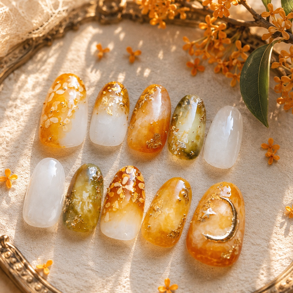 Kinmokusei Nail [Crescent Moon and Autumn Scent] | Autumn Nail Amber Nail Nuance Nail Yukata Nail Nail Tip