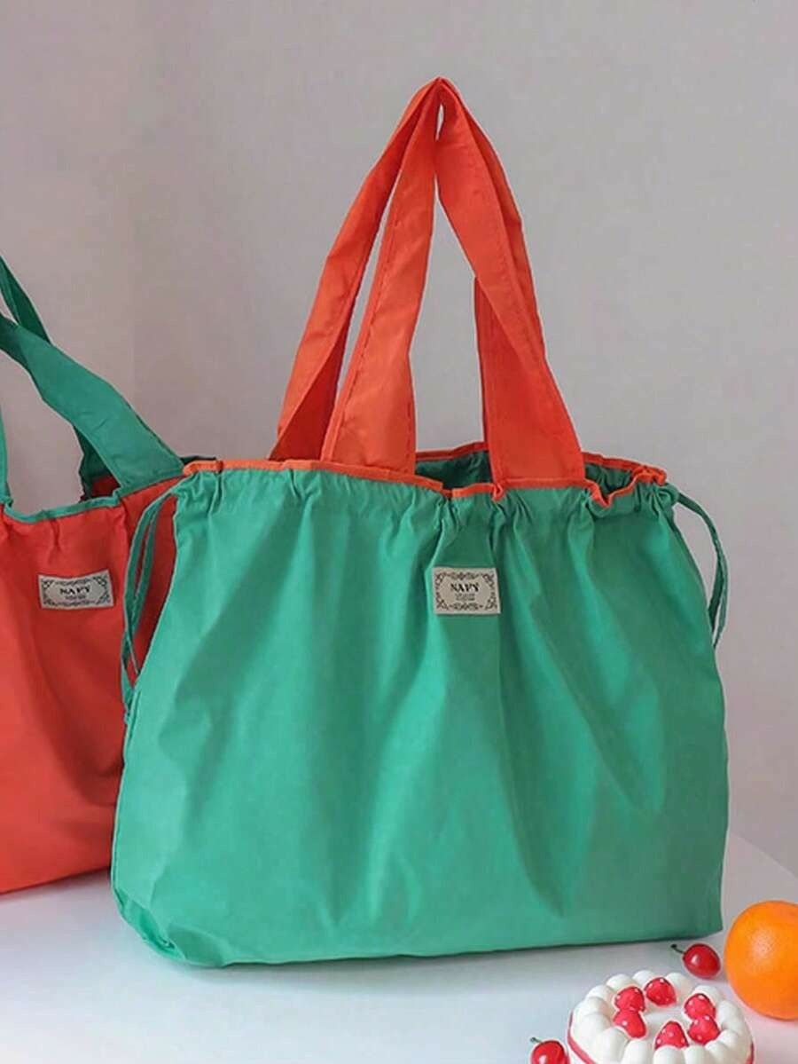 Plain drawstring tote bag, large capacity, washable, foldable shopping bag for women 436348