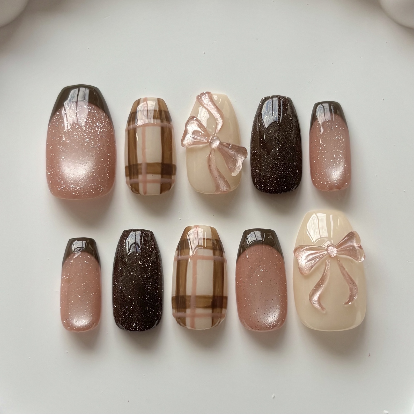 Nail Tips Order Autumn Nails Ribbon Nail Puffy Check Flash Glitter Magnetic Nail Brown Nail Pink Nail French Nail