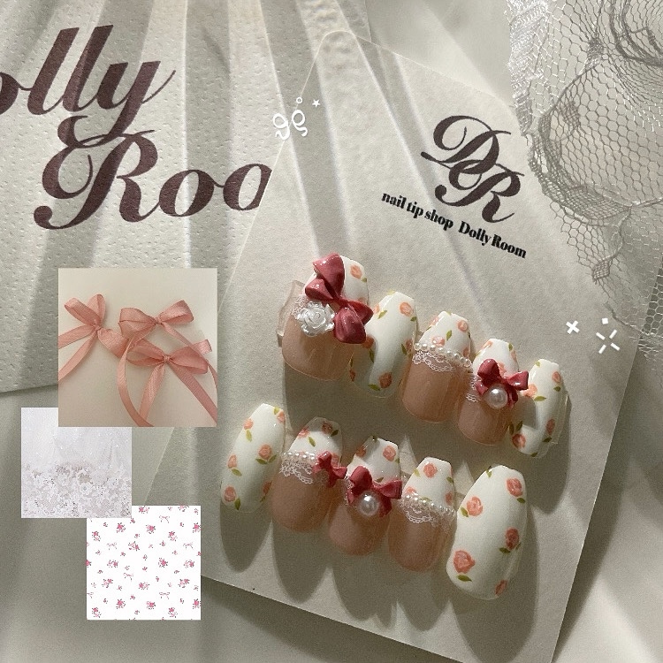 《 No.3 》Small floral pattern, flower, floral, rose, French lace, pearl, girly, French girly, mass-produced, princess style, Korean, one-phone nail tips