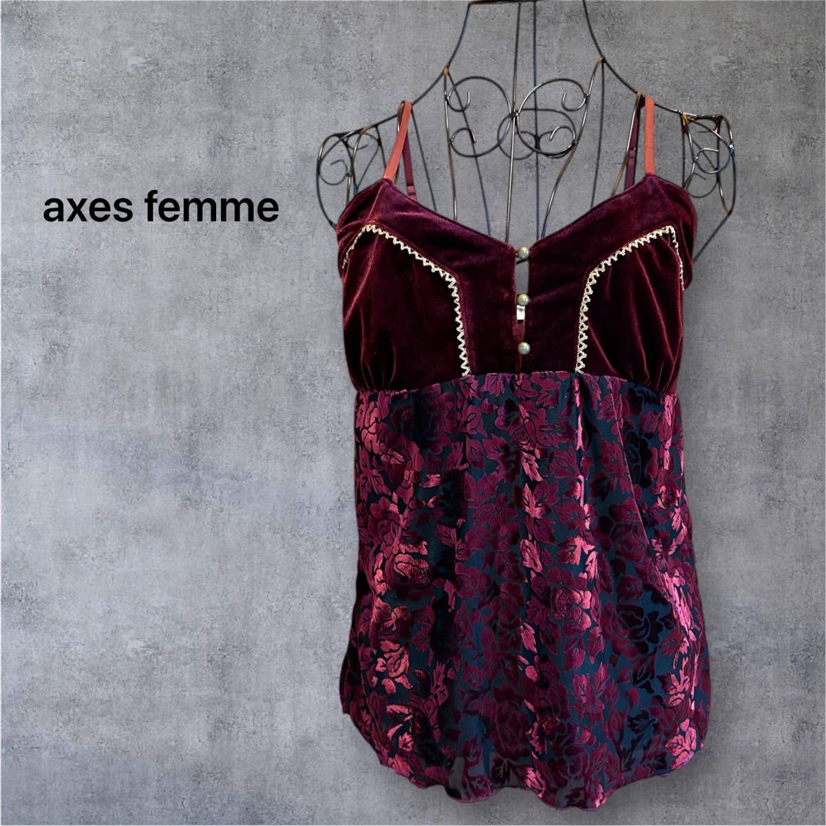【axes femme】アクシーズファム 吊带背心 玫瑰 天鹅绒 金线 古典 酒红色 平成年代 公主辣妹 哥特洛丽塔